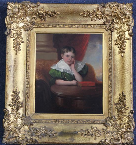 English School c.1820 Portrait of a boy seated at a drum table, 9 x 7.5in.